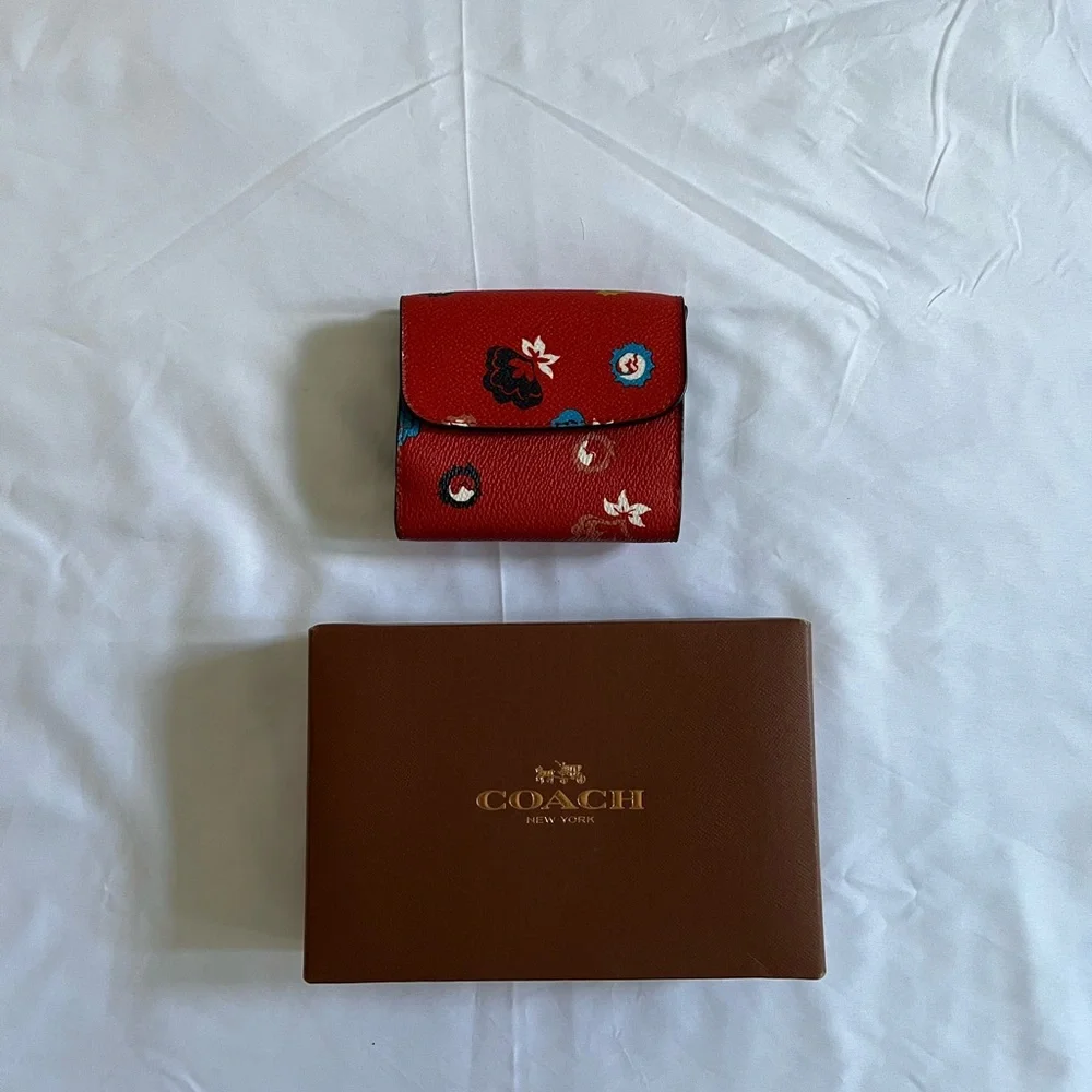 BUNDLE Coach Wild Prairie Wallet Coated Canvas Leather Floral Carmine - Picture 2 of 6